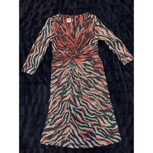 Anne Klein Zebra Print Midi Dress Women 8 Long Sleeve V Neck Ruched Animal Print